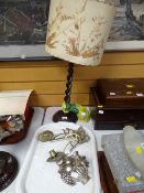 A barley-twist table lamp with shade, pair of brass candle sconces etc