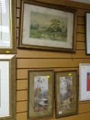 Two early twentieth century prints of mountain scenes together with a framed print of cows watering