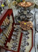 Cased cutlery set, trivet, food warmer etc