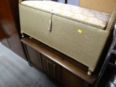 Vintage light oak linen fold ottoman together with a loom-style cushion topped ottoman