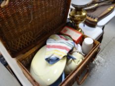 Vintage wicker picnic basket and contents
