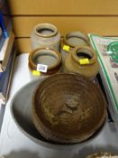 Four stone glazed storage jars and three items of studio pottery