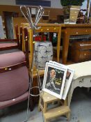 A set of lightwood library-style steps together with a chrome coat and umbrella stand and three