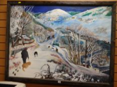 Oil on canvas - valley village under snow with dog walkers and horse riders