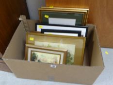 Box of gilt framed watercolours, black & white prints together with botanical prints