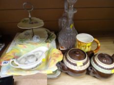 A parcel of mixed china and glass including cake stands, teapots, Ewenny mug, decanters etc