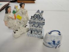 Staffordshire flat back and two items of Delft