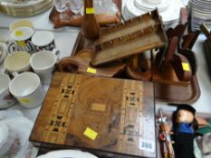 Various wooden items including an inlaid wooden jewellery box, wooden animals etc