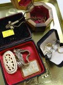 Two yellow metal and two white metal dress rings, yellow metal small bar brooch and crucifix