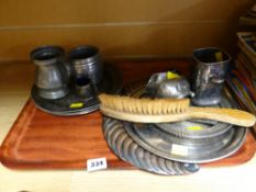 Four pewter plates, copper crumb scoop, metalware etc