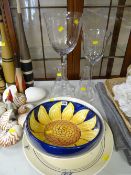 Three continental decorative serving bowls, two ornament very large wine glasses & glass measuring