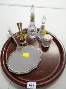 Parcel of hallmarked silver items including dressing table mirror, silver necked bottles, small