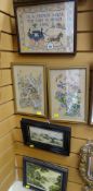 A framed small sampler together with two Chinese painted silks and two framed oils on board
