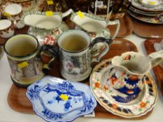 Two Leighton pottery Chinese rose jugs, two large stoneware tankards decorated with hunting scenes