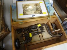 A boxed vintage drill & bits together with a small framed watercolour of a fishing boat on estuary