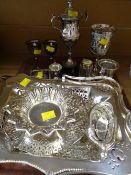 A tray of various EPNS including basket, trophies, decanter labels etc
