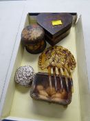 Tortoiseshell hair comb, trinket boxes contents