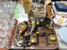 Tray of various metalware including horse brasses, brass inkwell & blotter, bull's horn vase etc