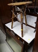 A vintage tripod hexagonal topped bamboo side table together with a mahogany framed overmantel