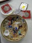Collection of glass animals, hallmarked silver cigarette case, commemorative coins etc