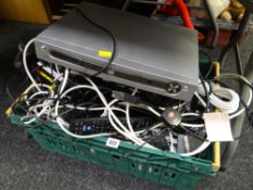 Crate of various electricals including DVD player, Sky boxes, leads etc