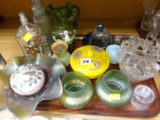 A tray of various coloured and painted glass items including Vaseline glass