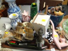 Tray of various wooden ornaments, Chinese vases etc