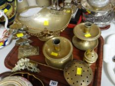 Parcel of various brassware including low candlesticks, chestnut warmer, letter rack etc