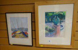 Carole Vincent signed pastel drawing of a garden sculpture together with a framed watercolour of