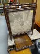 A vintage embroidered fire screen together with an oak carry handled serving tray