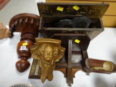 Decorative wooden wall shelves, brass letter rack, cribbage board etc