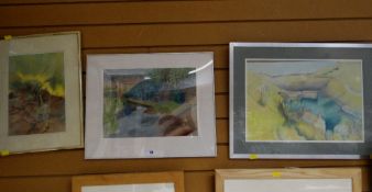 Framed pastel of walkway over stream, unsigned together with two other framed watercolours,