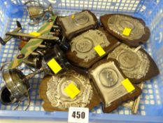 Parcel of various athletic trophies and a model of a World War II airplane