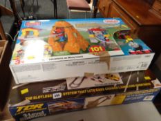 Boxed children's Mega Bloks Thomas & Friends together with a boxed TCR Lane Changers electric racing
