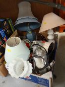 Box of electrical items mainly table lamps, electric coffee percolator, hair dryer etc