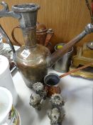 Parcel of metalware including copper measure, two brass effect Chinese candle holders, Arabian-style