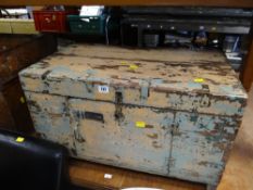 A vintage wooden lidded chest with door