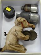 A vintage wind up cymbal playing elephant toy, two hip flasks and a cased concertina-style drinking