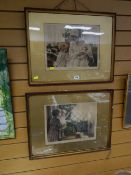 Two framed early twentieth century coloured prints entitled 'Introducing Baby' & 'Daddy's Coming'