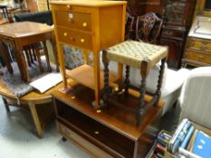 A modern night cabinet, a rope seated barley-twist stool, reproduction TV cabinet