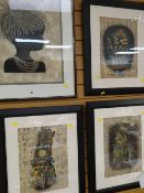 A framed print on cloth of an African child together with three Egyptian portraits on papyrus