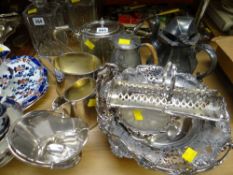 A good three-piece EPNS tea set, sugar bucket, basket together with pewter items