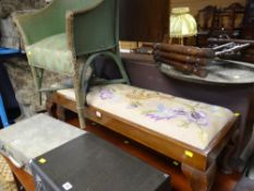 A long cabriole legged embroidered cushion seated stool together with a green loom-style bedroom