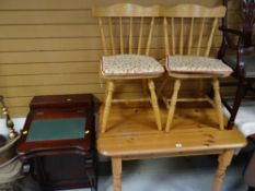 A modern pine breakfast table and pair of chairs together with a reproduction hardwood Davenport