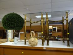 A pair of brass cross stretcher glass topped side tables together with a mirror based artificial box