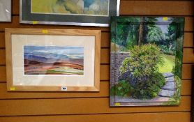Mary Lowden watercolour - rolling hills, signed together with a framed oil on canvas of a garden,