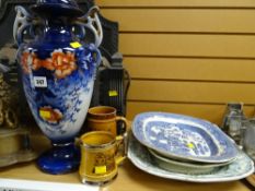 Three blue & white platters, a large Staffordshire twin-handled vase etc