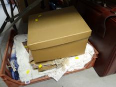 Parcel of items to include vintage crochet blanket, woollen blanket, table linen etc together with a