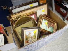Box of various vintage framed prints, small watercolours etc