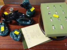 Collectors thimbles and stand together with four Poole pottery animal figures etc